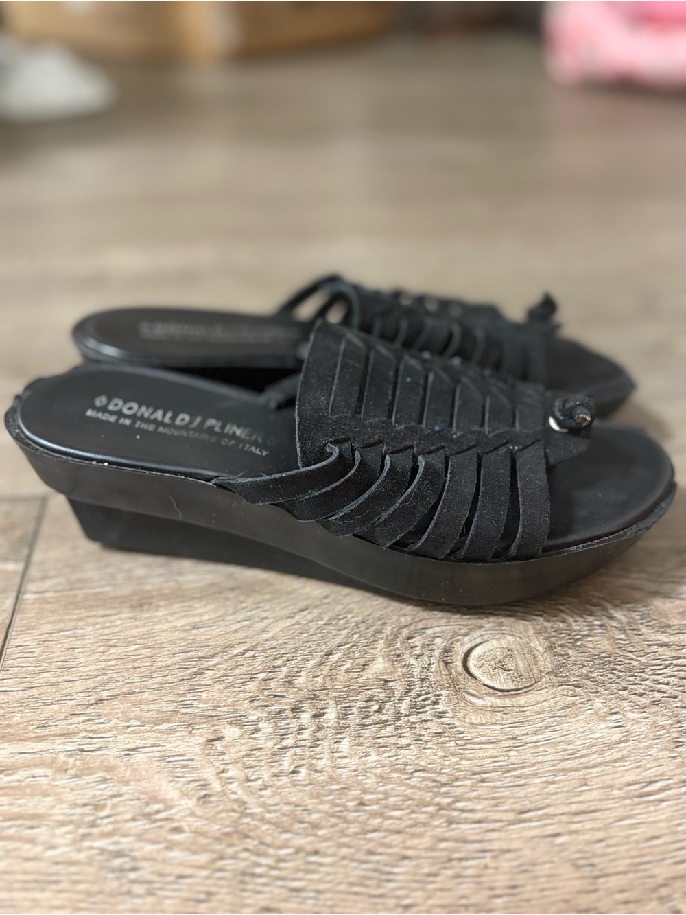 Donald J. Pliner Cissy Black Suede Braided Wedge Slide Sandals